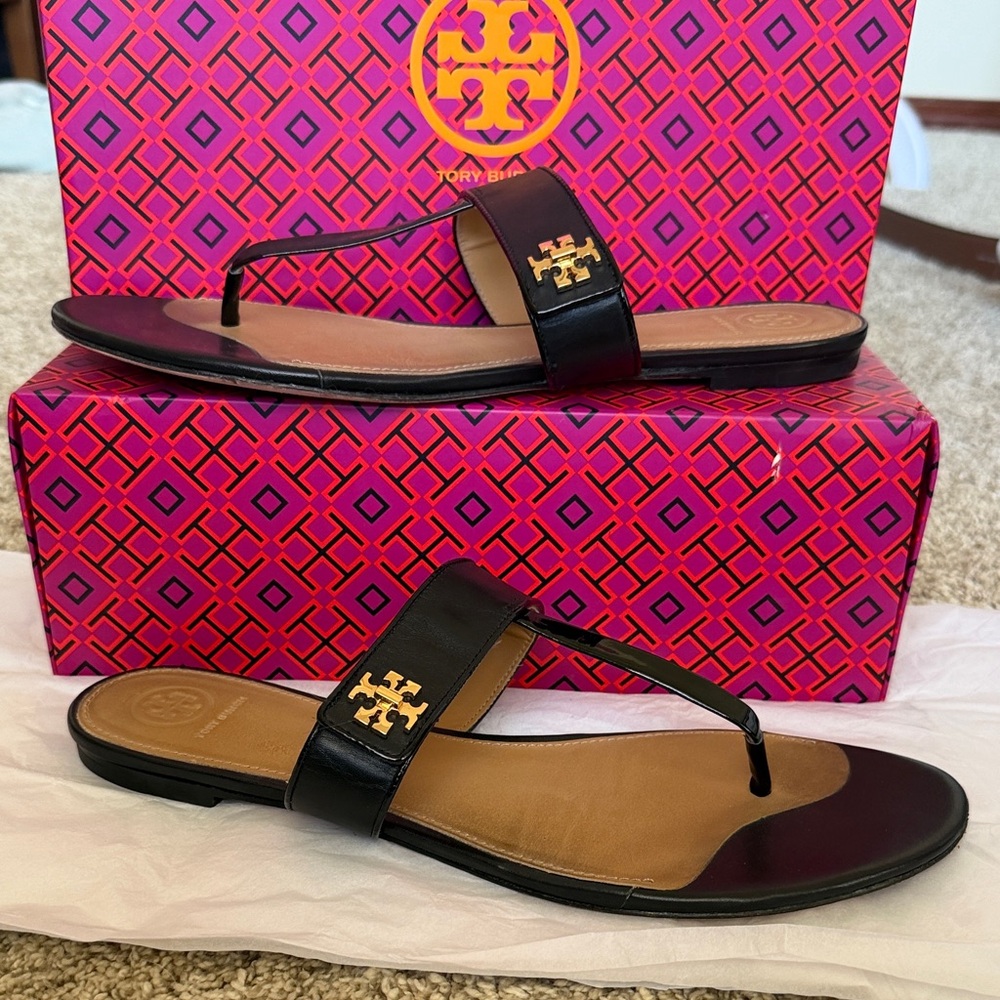 Tory Burch Black Leather Logo Thong Sandals with Gold Emblem